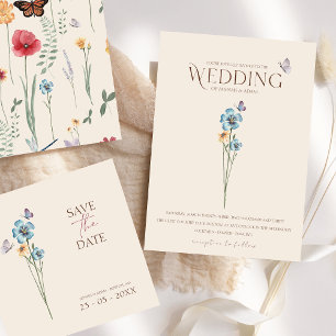 Invitación Boda Floral Mariposa Flor Silvestre Azul Simple