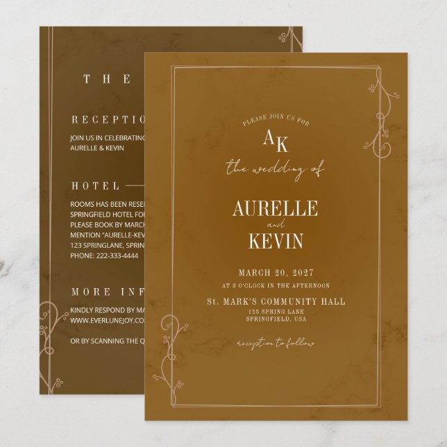 Invitación Boda Floral Mármol Rústico Marrón Elegante Código  (Anverso / Reverso)