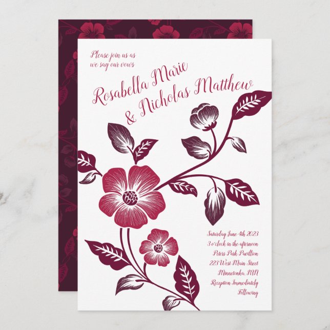 Invitación Boda Floral Maroon Wine Dark Letterpress (Anverso / Reverso)