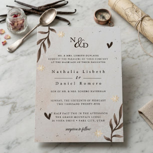 Invitación Boda floral marrón beige botánico minimalista