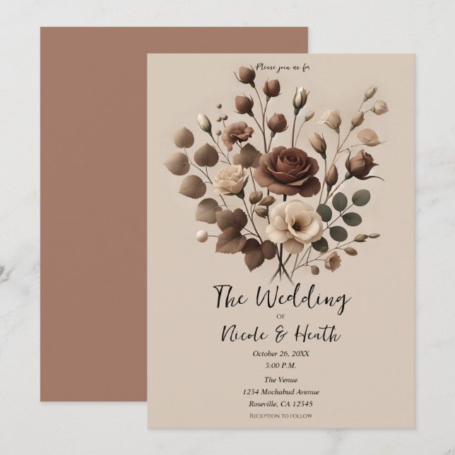 Invitación Boda Floral Marrón Beige Mousse de Mocha (Anverso / Reverso)