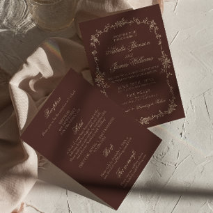 Invitación Boda floral marrón chocolate boho todo en uno