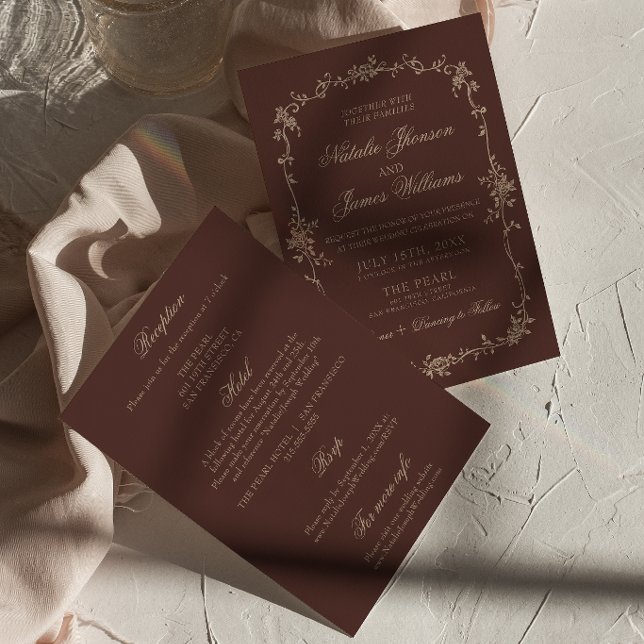 Invitación Boda floral marrón chocolate boho todo en uno (Subido por el creador)