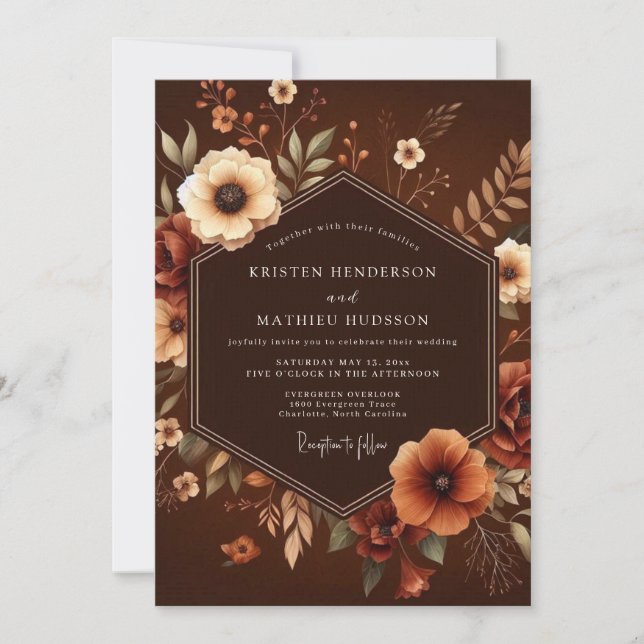Invitación Boda Floral Marrón de Otoño (Anverso)