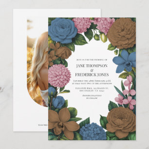 Invitación Boda floral marrón mocha, azul polvoriento y rosa 
