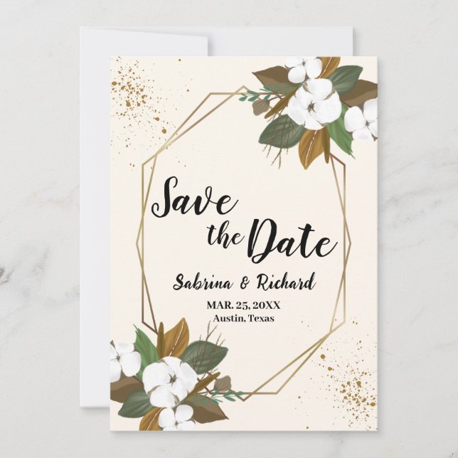 Invitación Boda Floral Marrón Y Crema Salva La Fecha (Anverso)