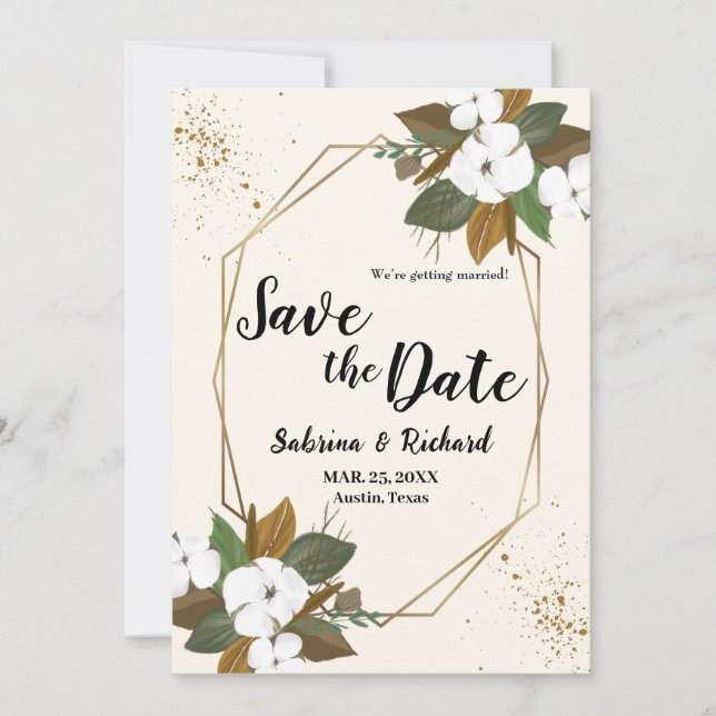 Invitación Boda Floral Marrón Y Crema Salva La Fecha (Anverso)