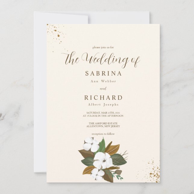 Invitación Boda floral marrón y crema simple (Anverso)