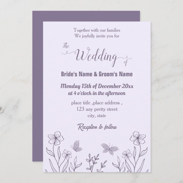 Invitación Boda floral mauve elegante romántico (Anverso / Reverso)