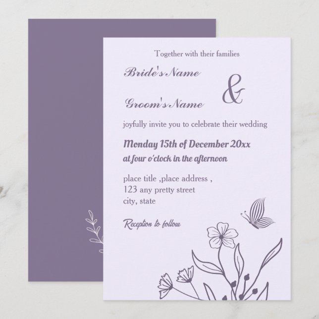 Invitación Boda floral mauve elegante romántico (Anverso / Reverso)
