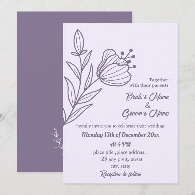 Invitación Boda floral mauve elegante romántico (Anverso / Reverso)