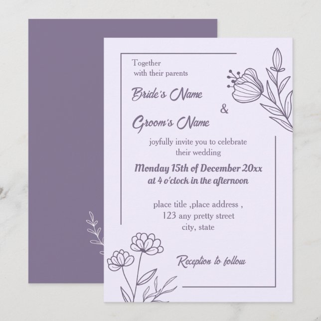 Invitación Boda floral mauve elegante romántico (Anverso / Reverso)