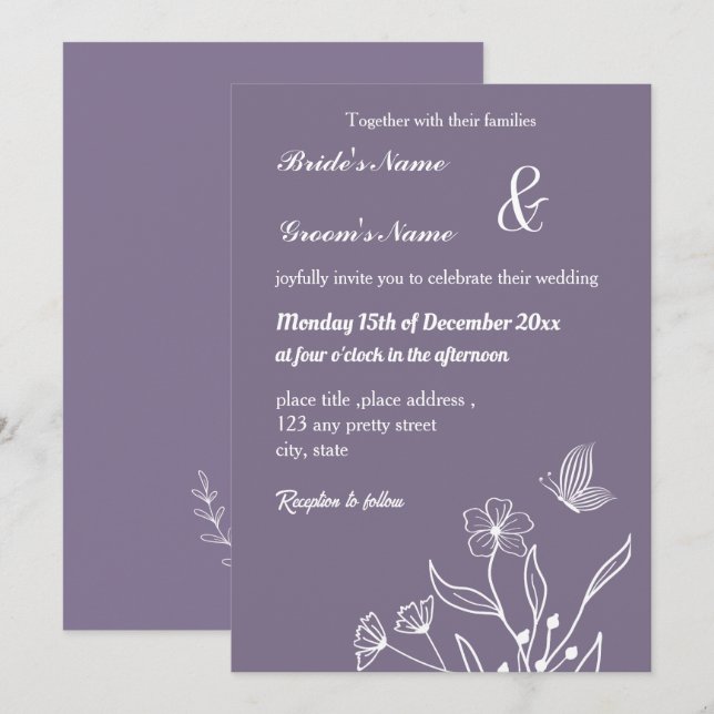 Invitación Boda floral mauve elegante romántico (Anverso / Reverso)