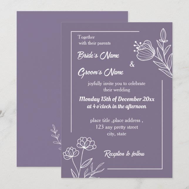 Invitación Boda floral mauve elegante romántico (Anverso / Reverso)