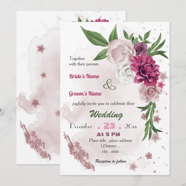 Invitación boda floral mauve rosa romántico (Anverso / Reverso)
