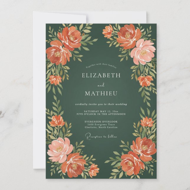 Invitación Boda Floral Melocotón Verde Bosque (Anverso)
