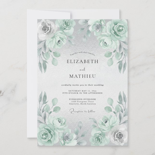 Invitación Boda floral menta (Anverso)