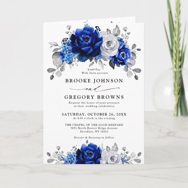 Invitación Boda floral metálico plateado azul real (Anverso)