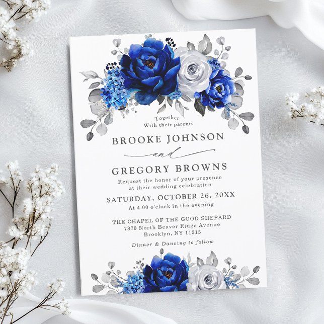 Invitación Boda floral metálico plateado azul real (Royal blue silver / White metallic grey floral wedding invitation)
