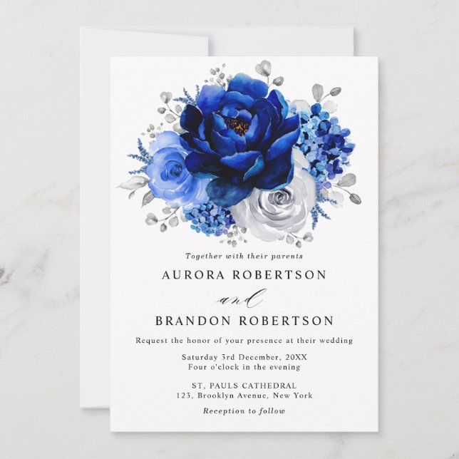 Invitación Boda floral metálico plateado azul real (Anverso)