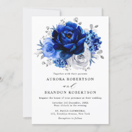 Invitación Boda floral metálico plateado azul real