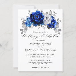 Invitación Boda floral metálico plateado azul real