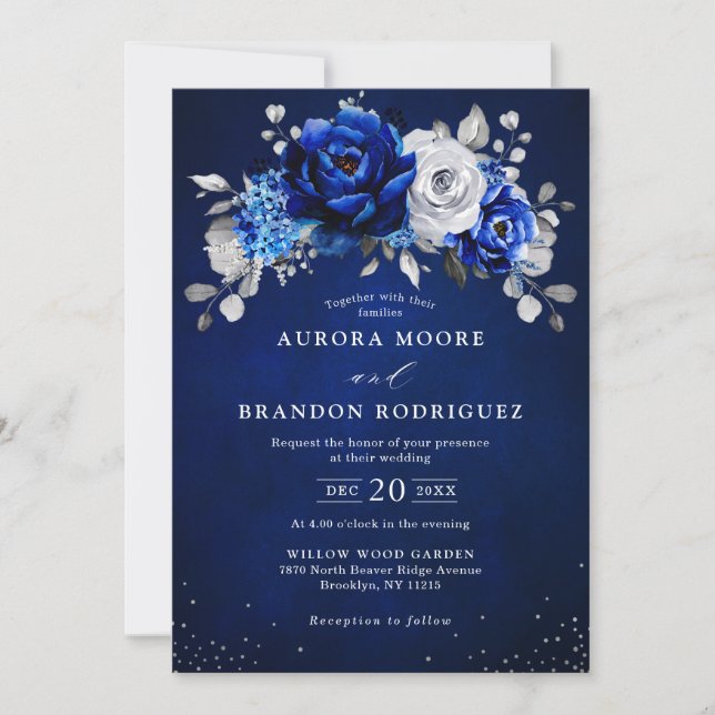 Invitación Boda floral metálico plateado azul real en (Anverso)