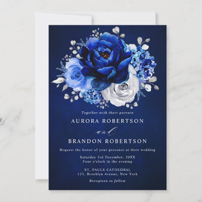 Invitación Boda floral metálico plateado azul real en (Anverso)