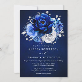 Invitación Boda floral metálico plateado azul real en