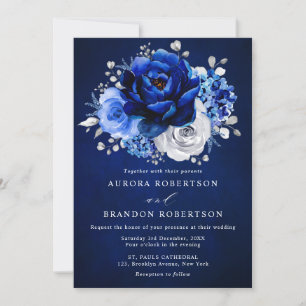 Invitación Boda floral metálico plateado azul real en