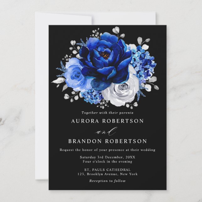 Invitación Boda floral metálico plateado azul real en (Anverso)