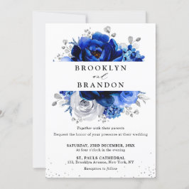 Invitación Boda floral metálico plateado azul real en