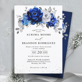 Invitación Boda floral metálico plateado azul real en