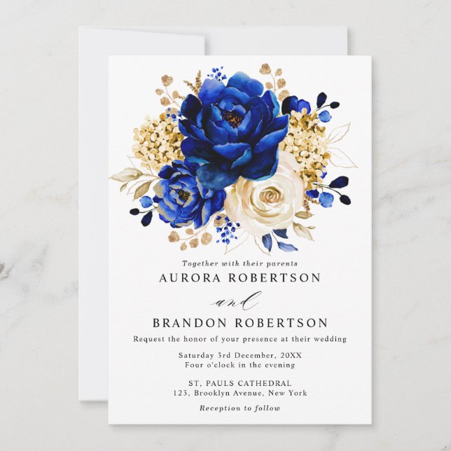 Invitación Boda floral metálico Royal Blue Yellow Gold (Anverso)