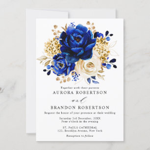 Invitación Boda floral metálico Royal Blue Yellow Gold