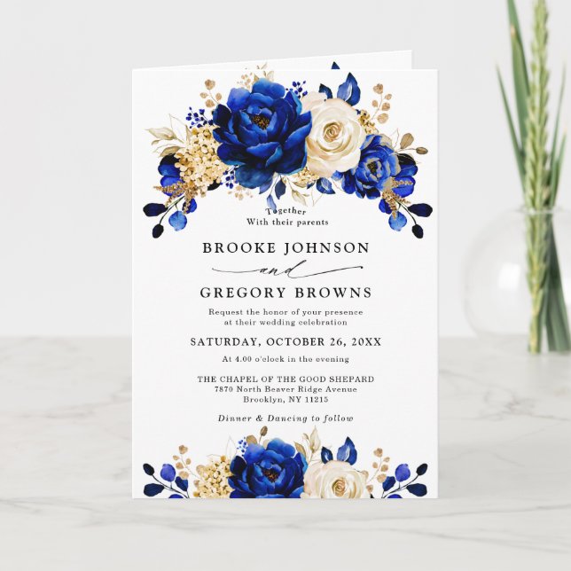 Invitación Boda floral metálico Royal Blue Yellow Gold (Anverso)
