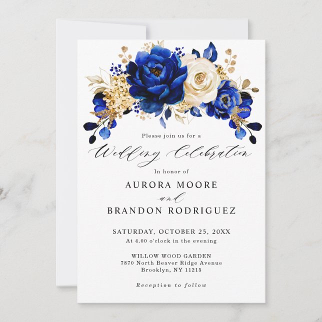 Invitación Boda floral metálico Royal Blue Yellow Gold (Anverso)