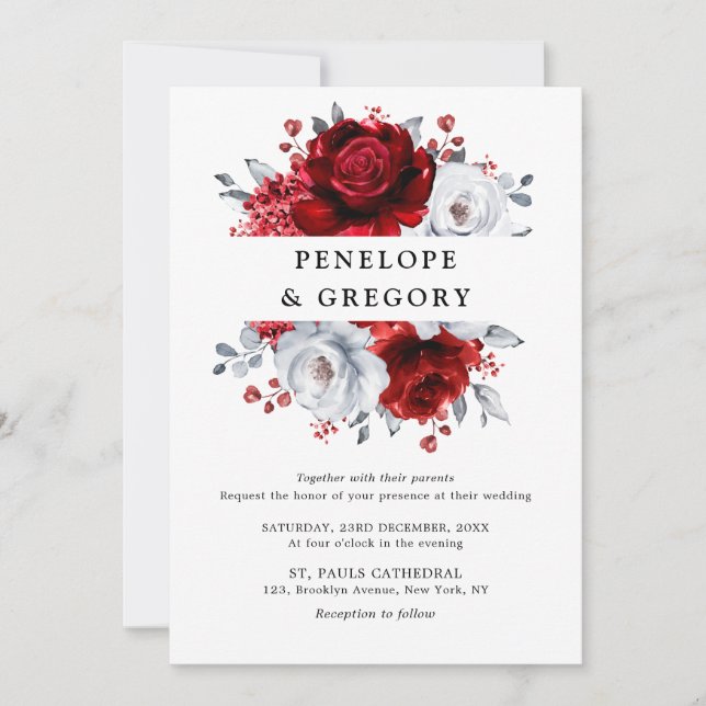 Invitación Boda floral metálico Royal Red White Silver (Anverso)