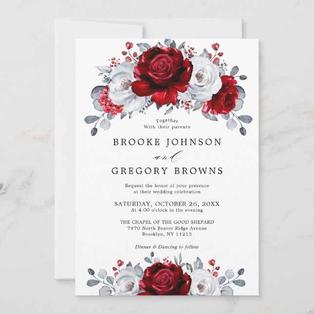 Invitación Boda floral metálico Royal Red White Silver (Anverso)