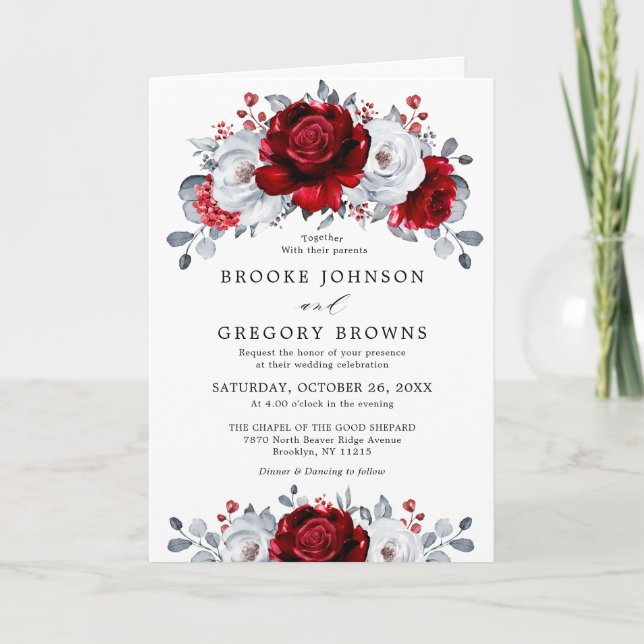 Invitación Boda floral metálico Royal Red White Silver (Anverso)