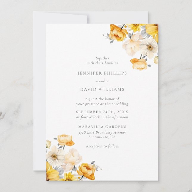 Invitación Boda floral Minimalista amarillo y rosa (Anverso)