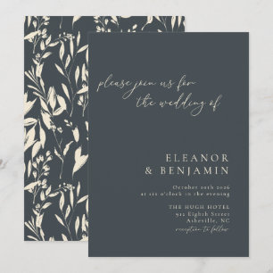 Invitación Boda Floral Minimalista Boho Negro Dibujada a Mano