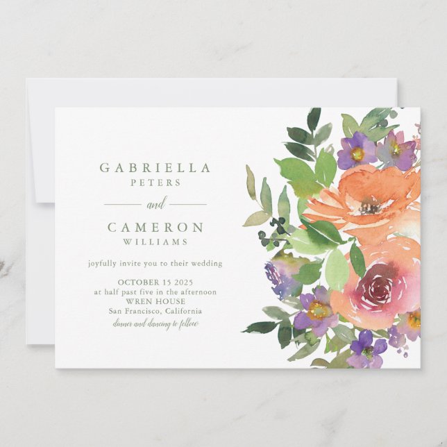 Invitación Boda floral minimalista Naranja púrpura  (Anverso)