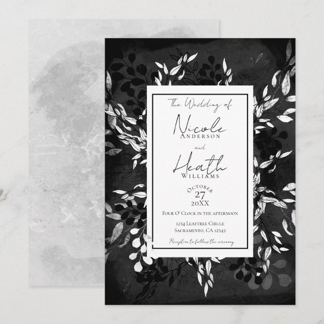 Invitación Boda floral mínimo moderno gris blanco negro (Anverso / Reverso)