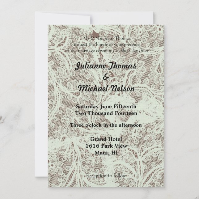 Invitación Boda floral Mint Beige Faux Lace (Anverso)