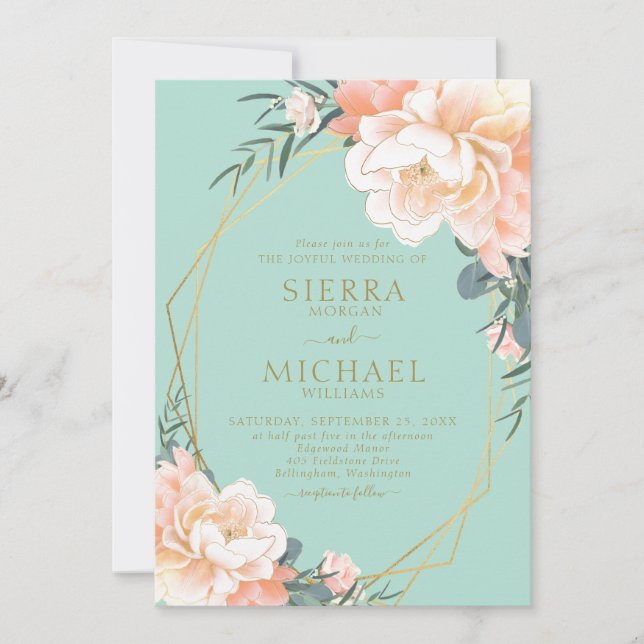 Invitación Boda floral Mint Green Rubor Peach Cream Gold (Anverso)