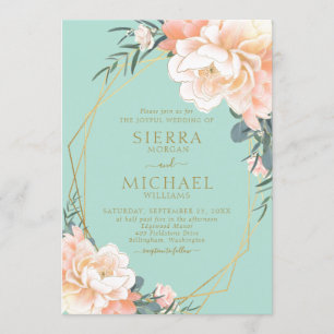 Invitación Boda floral Mint Green Rubor Peach Cream Gold