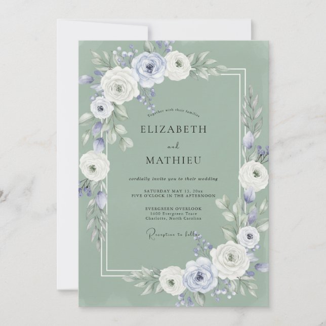 Invitación Boda Floral Mística Verde Salvia (Anverso)