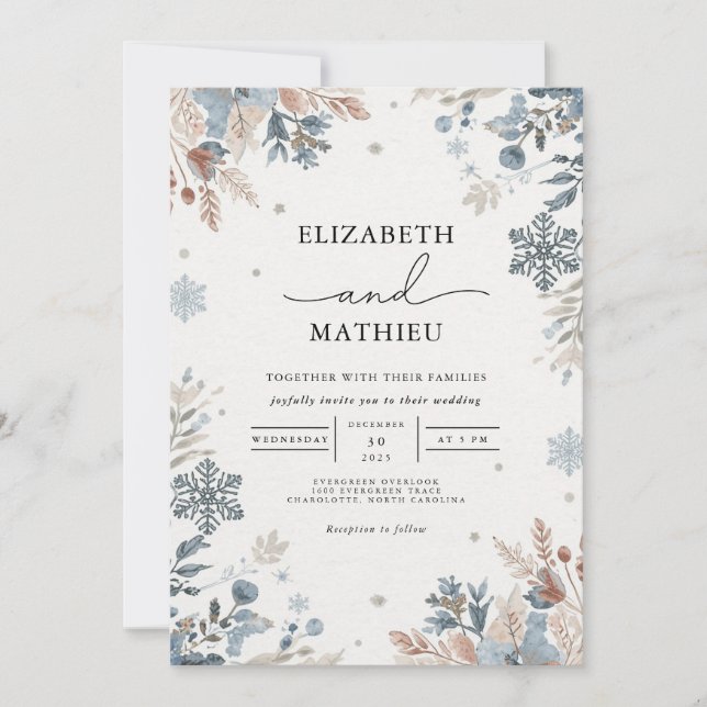 Invitación Boda Floral Misty Blue Winter (Anverso)
