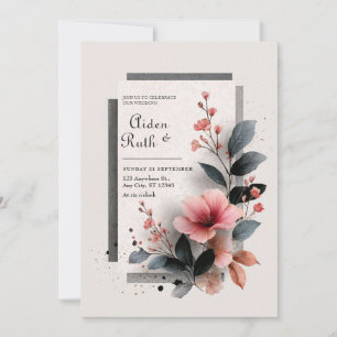 Invitación Boda Floral Moderna Abstracta Rosa Oscuro